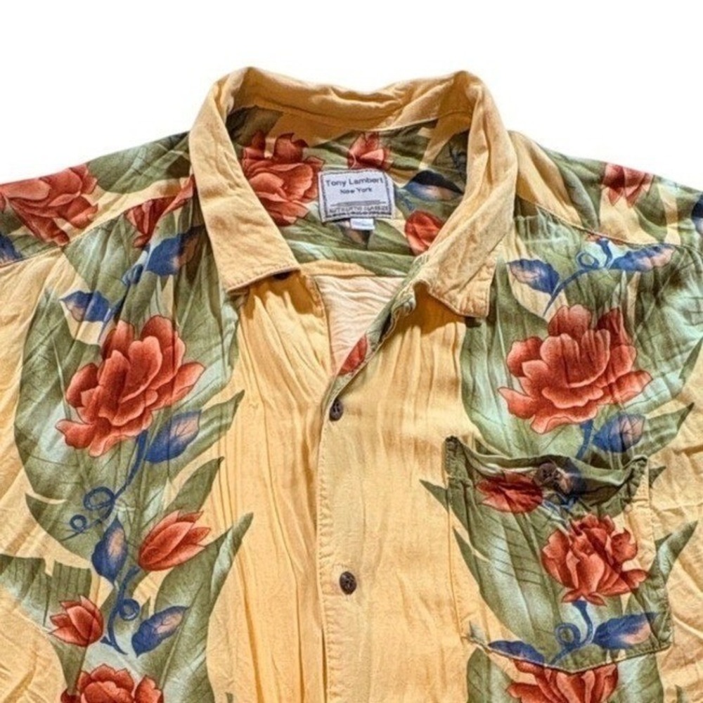 Tony Lambert Hawaiian Shirt Mens Large Yellow Tropical Floral Rayon Button Down